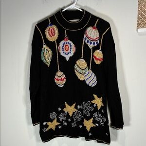 Festive Vintage Black Sweater with Christmas Ornaments